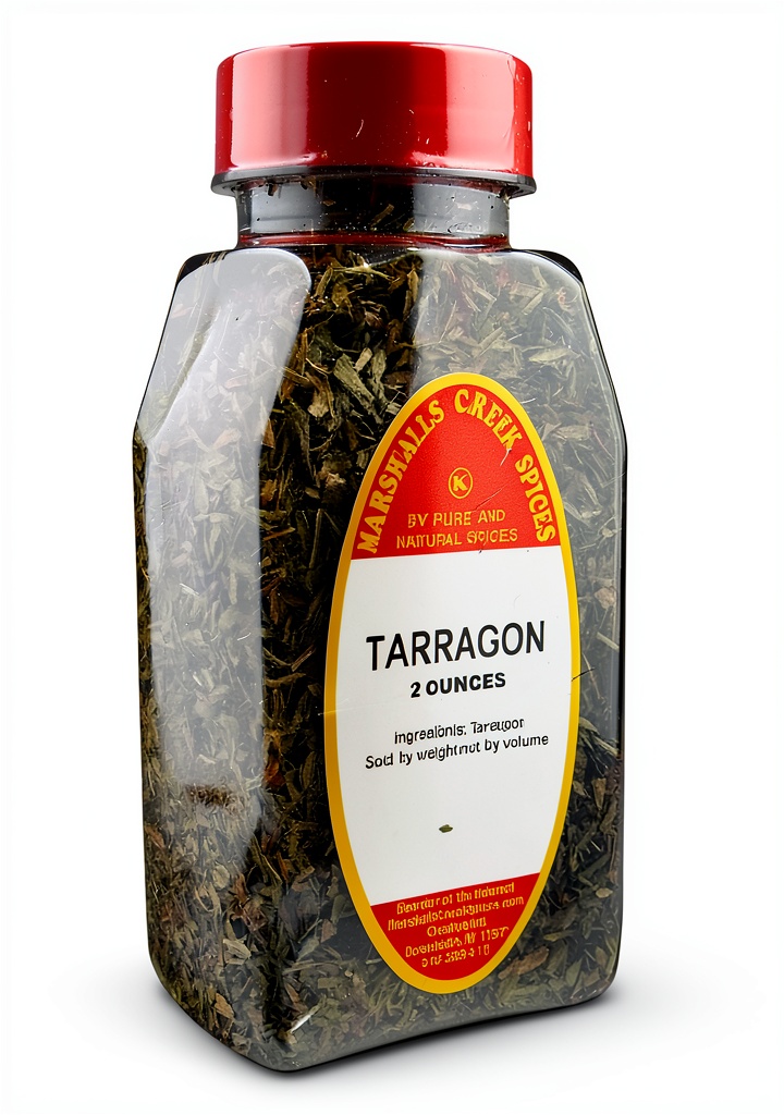 Marshalls Creek Tarragon Spice jar on a kitchen countertop, showing label and freshness packaging