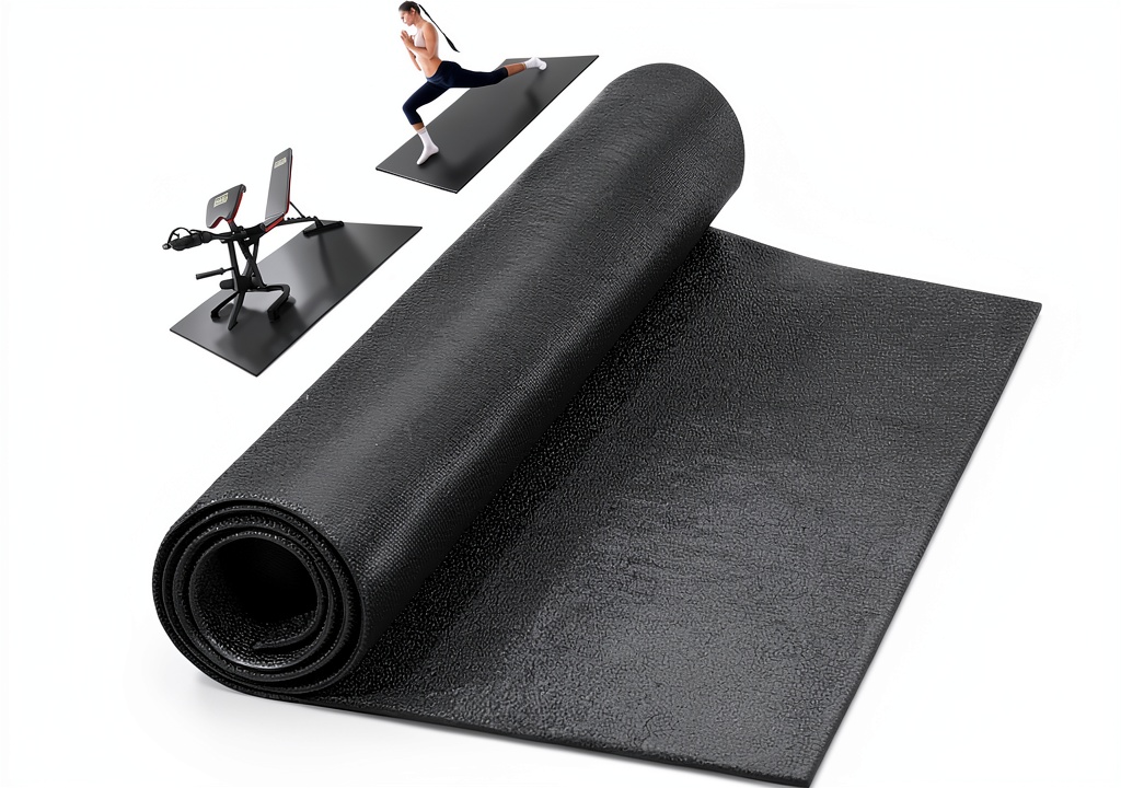 Fitvids gym mat placed under an exercise bike on hardwood flooring